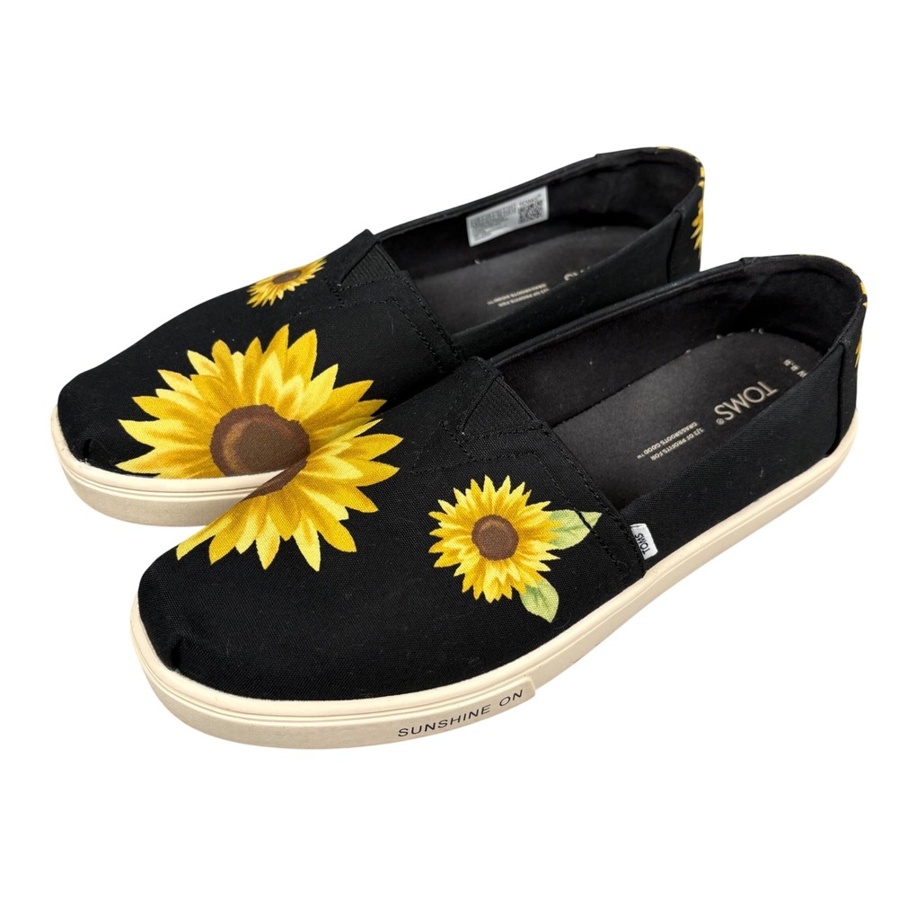 TOMS Alpargata Slip On Shoes Womens 8.5 Black Sunflower Floral Boho Canvas Flat